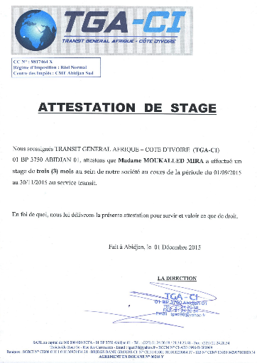 Attestation de stage professionnel